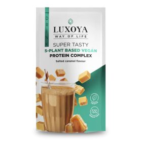  Luxoya Vegan Super Tasty 5 féle növényi fehérjeforrást tartalmazó vegán fehérje italpor 30g, sós karamella