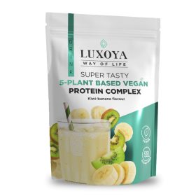   Luxoya Vegan Super Tasty 5 féle növényi fehérjeforrást tartalmazó vegán fehérje italpor 450g DOY , kiwi-banán