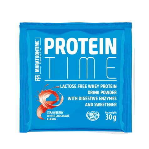Marathontime Protein Time Laktózmentes Tejsavófehérje 30 g, fehér csokoládé, eper