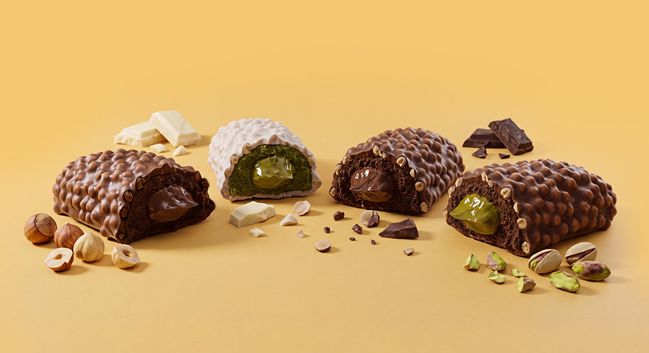 BioTechUSA Crush Bar 45 g – négy íz: mogyorókrém nugát, pisztácia-fehércsokoládé, tripla csokoládé, dubai csokoládé stílusú